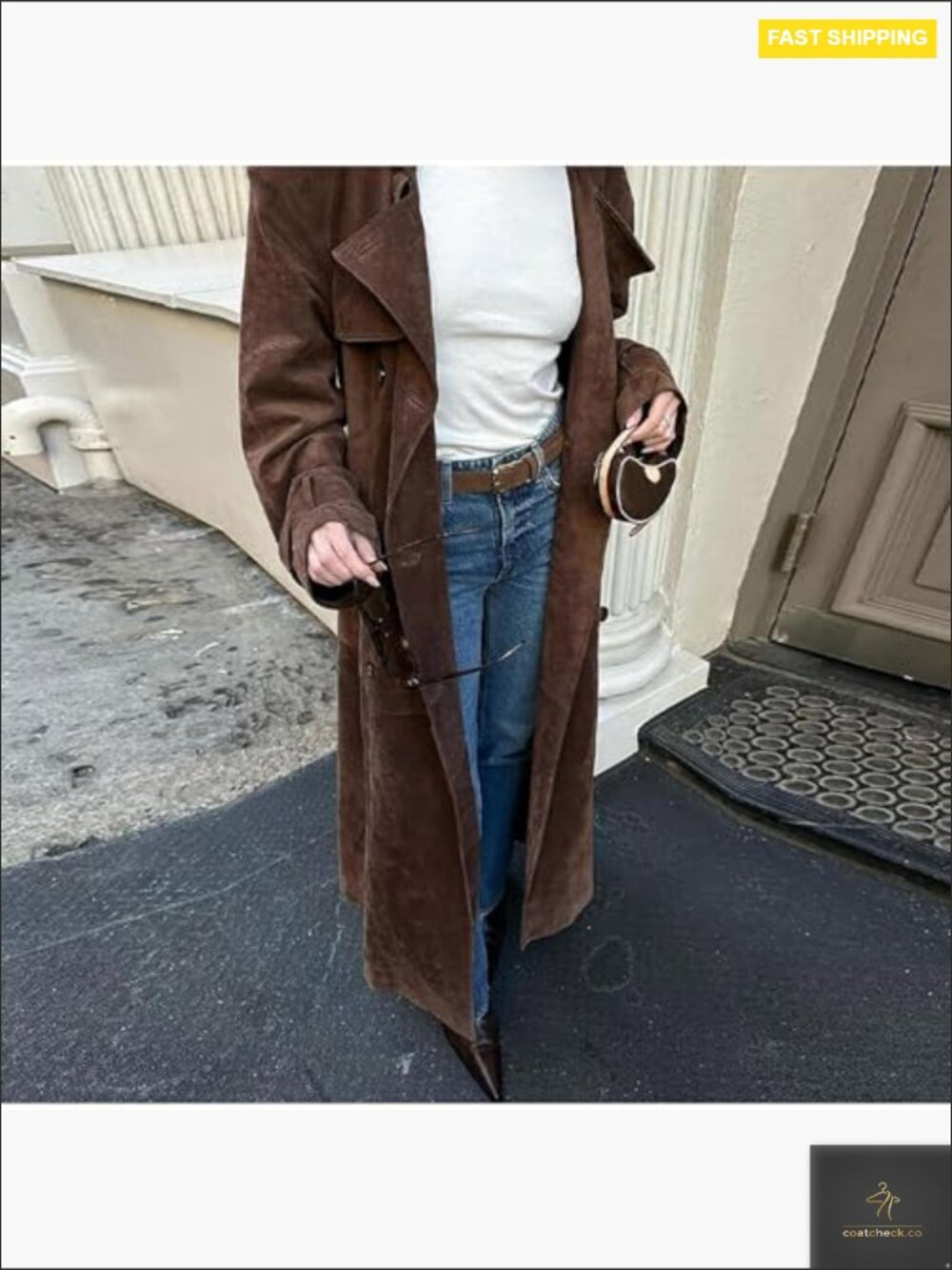 Faux Suede Double Breasted Long Trench Coat Notched Lapel Belted Overcoat - Picture 4 of 7
